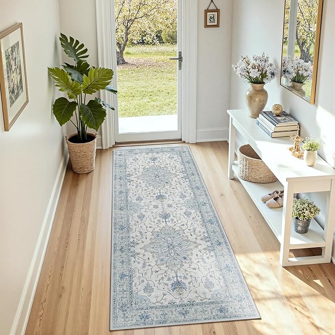 Area Rugs 3'x7' Runner Rug Non Slip Washable for Kitchen Hallway Bedroom Beside Laundry Room Bathroom Rug, Floor Carpet, Light Blue Navy Beige Gray White