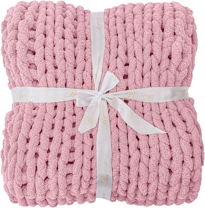 Bigacogo Chunky Knit Throw Blanket for Couch, 40x40 inches, 100% Hand Knitted with Thick Jumbo Chenille Yarn, Cozy Soft Large Rope Knot Cable Crochet Blankets for Sofa Bed Living Room, Blush Pink