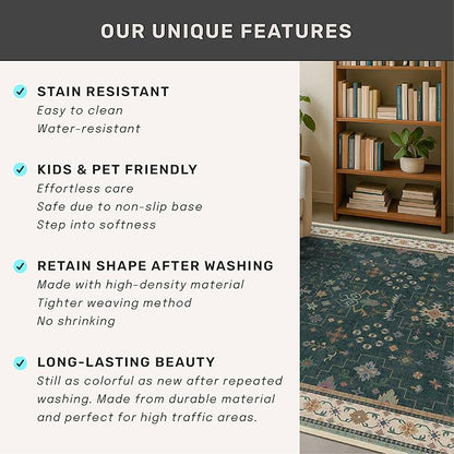 Dark Green Oushak 3x4 Large Entryway Rug - Modern Vintage Boho Floral, Washable Low Pile Non-Slip Area Rugs for Door Mat Indoor Entrance, Kitchen, Bedroom Beside Bed