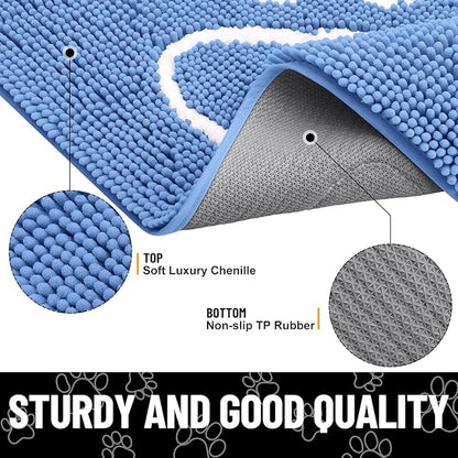 Smiry Dog Door Mat for Muddy Paws, Absorbent Dirt Trapper Non Slip Quick Dry Washable Chenille Mat for Mud Dogs, Entry Rug for Indoor and Outdoor (30x20 Inches, Cornflower Blue and White)