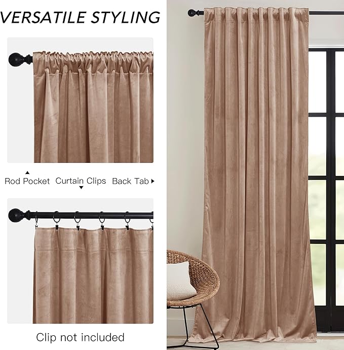 RYB HOME Blush Velvet Curtains with Hook Tape, Thermal Insulated Privacy Protect Decorative Drapes for Home Theater Nursery, W 52 x L 84 inches, 2 Panels Set