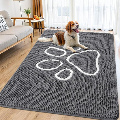 Smiry Dog Door Mat for Muddy Paws, Absorbent Dirt Trapper Non Slip Quick Dry Washable Chenille Mat for Mud Dogs, Entry Rug for Indoor and Outdoor (70x32 Inches, Dark Grey and White)