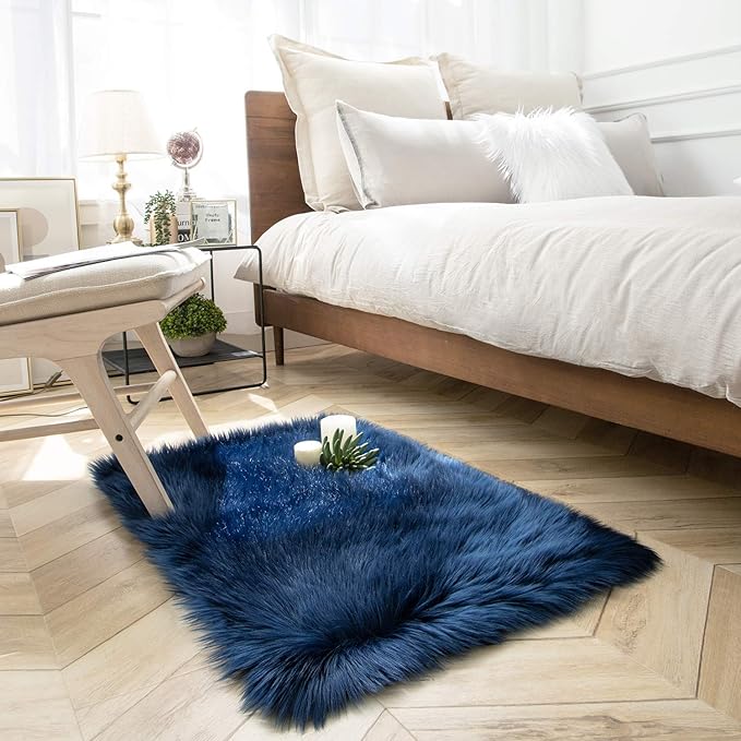 Ashler Faux Fur Rectangular Rug, Fluffy Shaggy 2 x 2.9 ft, Navy Blue, Ultra Soft, Machine Washable, Nursery to Living Room