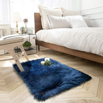 Ashler Faux Fur Rectangular Rug, Fluffy Shaggy 2 x 2.9 ft, Navy Blue, Ultra Soft, Machine Washable, Nursery to Living Room