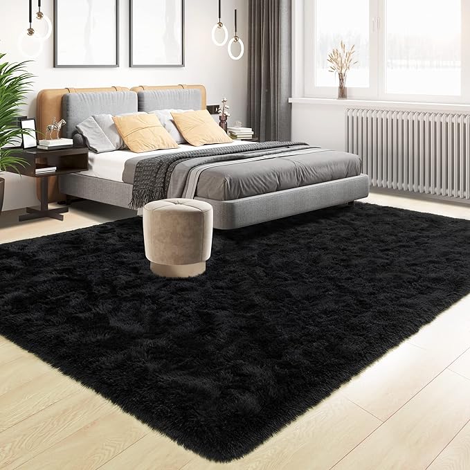 Tepook Super Soft Fluffy Rug for Bedroom, Modern Shaggy Fuzzy Kids Rugs for Living Room, Plush Indoor Nursery Home Decor Dorm Carpet with Non-Slip Bottom, Black, 4 X 6 Feet
