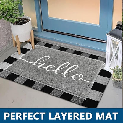 EARTHALL Door Mat Outside Inside Hello Doormat, 36"x24", Durable Floor Mat Non Slip Mat Ultra Absorb Mud Easy Clean Front Doormat for Garage, Entryway, Patio, High Traffic Areas, Grey