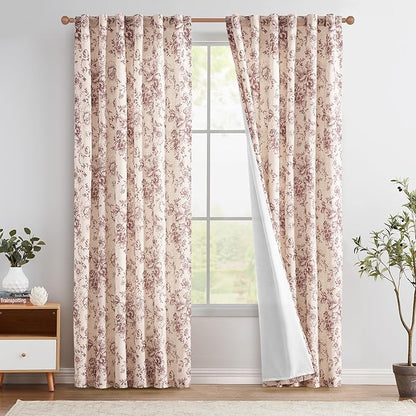 jinchan Lined Linen Blend Curtain Floral Curtains for Living Room 90 Inches Long Farmhouse Red Flower Printed Curtain Rod Pocket Back Tab Peony Patterned Drapes Curtains Set 2 Panels
