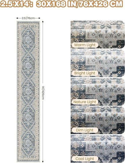 Washable Runner Rug 2.5x14, Non-Slip Long Kitchen Mats for Floor, Vintage Rug for Entryway, Soft Hallway Runner for Dining Room, Bedroom, Living Room(Blue/Beige,2.5'x14')