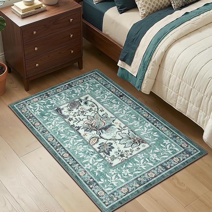 GarveeHome Teal 2x3 Door Mat Indoor Rugs for Entryway Provence Small Botanical Grove Cottage core Washable Non-Slip Low-Pile Rug for Bedroom Bathroom Entrance TPE Backing