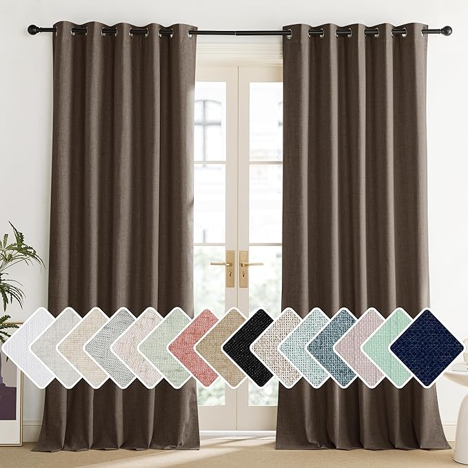 NICETOWN Coffee Vintage Linen 100% Blackout Curtains for Living Room, Thermal Insulated Curtains 90" Long, Noise Reducing Window Treatment Drapes for Home Office, 62" Wide Per Panel, Set of 2