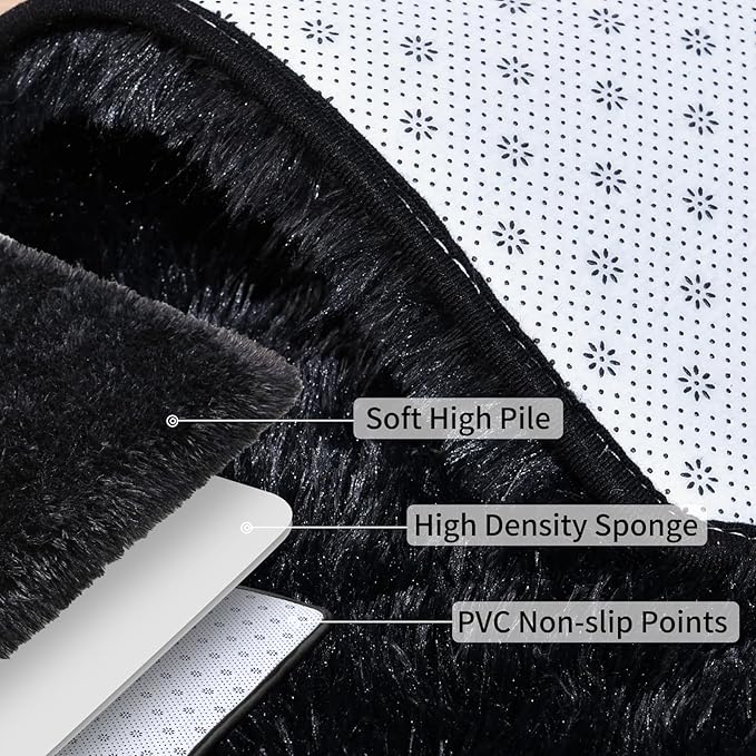 Soft Runner Rugs for Bedroom Hallways, 2x6 Black Fluffy Shag Throw Area Rug Non Slip for Bedside Dorm, Long Shaggy Furry Carpet for Nursery Living Room