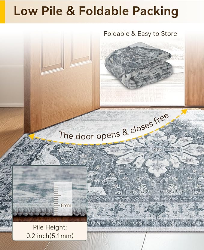 Area Rugs 3'x10' Runner Rug Non Slip Washable for Kitchen Hallway Bedroom Beside Laundry Room Bathroom Rug, Floor Carpet, Light Gray Grey White