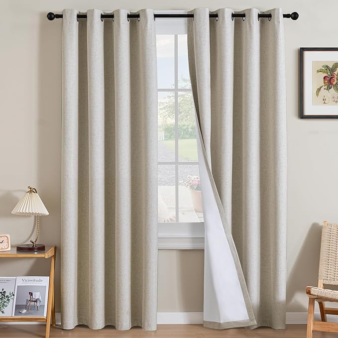 H.VERSAILTEX Linen Curtains 100% Blackout Curtains for Bedroom 84 inch Long Full Light Blocking Nature Linen Blended Window Curtains for Living Room Nickel Grommet (2 Panels, Heathered Linen)