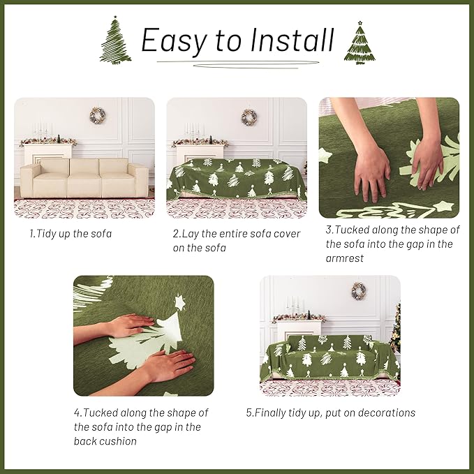 MYSKY HOME 71"X118" Loveseat Christmas Couch Cover, Sectional Sofa Covers Sofa Slipcover for 2 Cushion Couch, L Shape Couch Covers for Dogs, Kids, Washable Sofa Blanket, Furniture Protector, Green