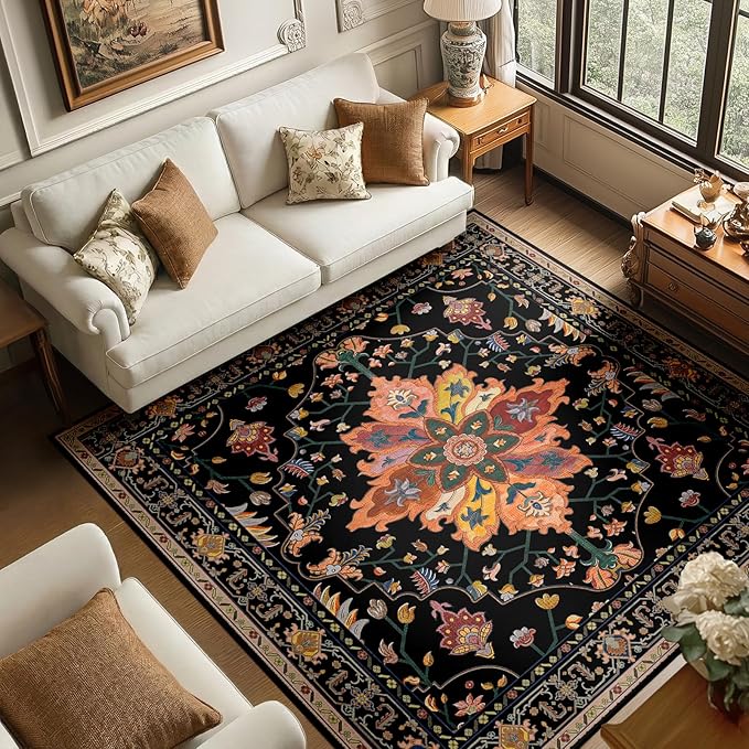 Area Rugs Square 6ft Washable Non-Slip, Floral Vintage Distress Print Pattern Medallion Carpet for Living Room Bedroom Dining Room, Black Colorful Floral Dark Tan