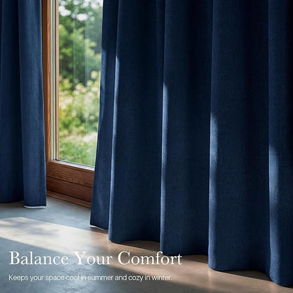 NICETOWN 100% Absolutely Blackout Linen Curtains for Bedroom Living Room, Navy Blue, 52" Wide, 2 Pieces, Privacy Vertical Thermal Insulated Window Drapes 84 inch Long for Shift Workers