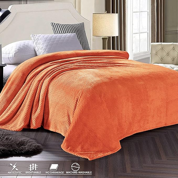 Exclusivo Mezcla Fleece Bed Blanket King Size, Super Soft and Warm Blankets for Couch, Sofa and Bed Waffle Textured, Cozy, Fuzzy and Lightweight (Burnt Orange, 90x104 Inches)