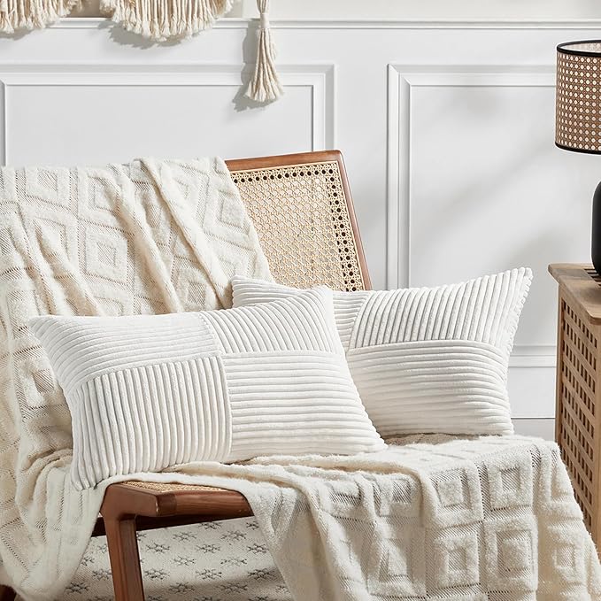 Fancy Homi 2 Packs Cream White Lumbar Decorative Throw Pillow Covers 16x32 Inch for Living Room Couch Bed, Rustic Farmhouse Boho Home Decor, Soft Striped Corduroy Rectangle Accent Cushion Case 40x80cm