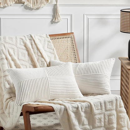 Fancy Homi 2 Packs Cream White Lumbar Decorative Throw Pillow Covers 16x32 Inch for Living Room Couch Bed, Rustic Farmhouse Boho Home Decor, Soft Striped Corduroy Rectangle Accent Cushion Case 40x80cm