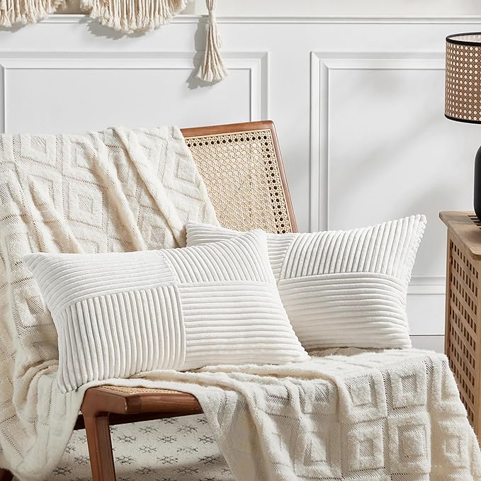 Fancy Homi 2 Packs Cream White Lumbar Decorative Throw Pillow Covers 14x22 Inch for Living Room Couch Bed Sofa, Rustic Farmhouse Boho Home Decor, Soft Striped Corduroy Rectangle Accent Cushion Case