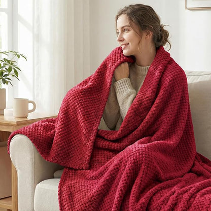 Exclusivo Mezcla Fleece Bed Blanket Twin Size, Super Soft and Warm Blankets for Couch, Sofa and Bed Waffle Textured, Cozy, Fuzzy and Lightweight (Deep Red, 60x80 inches)