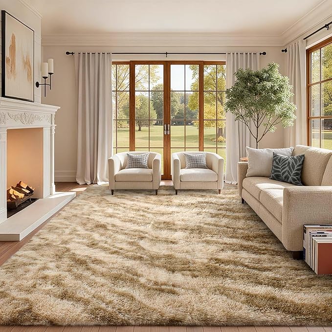 Area Rugs for Living Room, Tie-Dyed 4x6 Feet Soft Fluffy Shagg Plush Rug High Pile Indoor Modern Non-Slip Floor Carpet for Bedroom Nursery Kids Home Room Dorm Decor Aesthetic Khaki