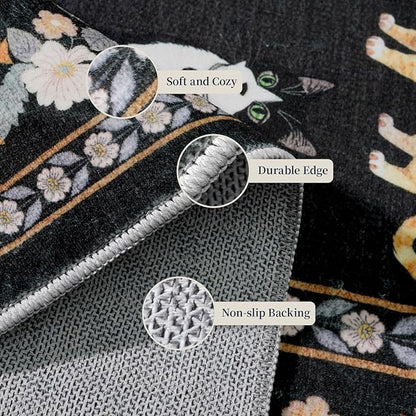 2x6 Washable Kitchen Runner Rug - Soft Low Pile Floral Animal Cat Print Rugs with Non-Slip Backing Waterproof Stain-Resistant Indoor Carpet for Hallway Entryway Bathroom Bedroom (Black)