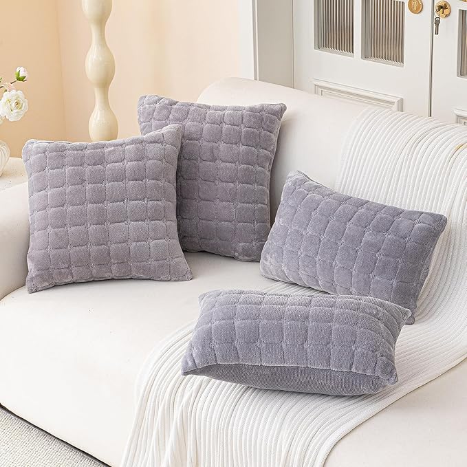 Velvet Throw Pillow Covers(Pack of Two, Light Grey) 22×22 Inch Decorative Pillows Cover Neutral Soft Chenille Couch Pillows with Zipper Aesthetic for Living Room and Bedroom