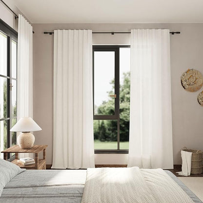Beige White Linen Curtains 108 Inches Long for Living Room Bedroom 2 Panels Set Extra Long Back Tab Curtain Light Filtering Semi Sheer Drapes Floor to Ceiling Curtains for Large Windows 52x108