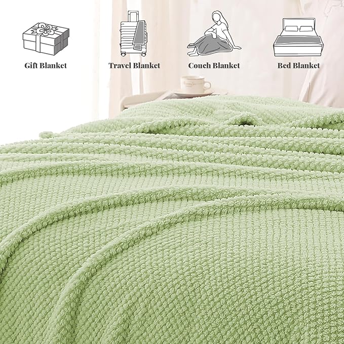 Whale Flotilla Twin Size Fuzzy Fleece Blanket for Bed, 60x80 Inch Fluffy Warm Soft Jacquard Blankets for All Season, Lightweight and Cozy, Sage Green