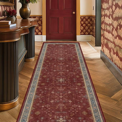 Boho 2x7 Long Runners for Kitchen Floor - Washable Non Slip Indoor Floor Mats for Entryway, Hallway, Dark Red Floral Low Pile & Soft Runner Area Rug for Bedroom Beside Bed