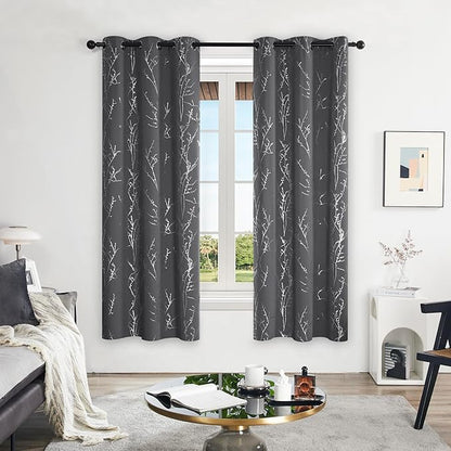 Deconovo Blackout Curtains Grey, Thermal Insulated Soundproof Drapes, Silver Branch Foil Print, 42 x 72 Inch, 2 Panels, Machine‑Washable Privacy Window Panel for Living Room Bedroom Nursery Office