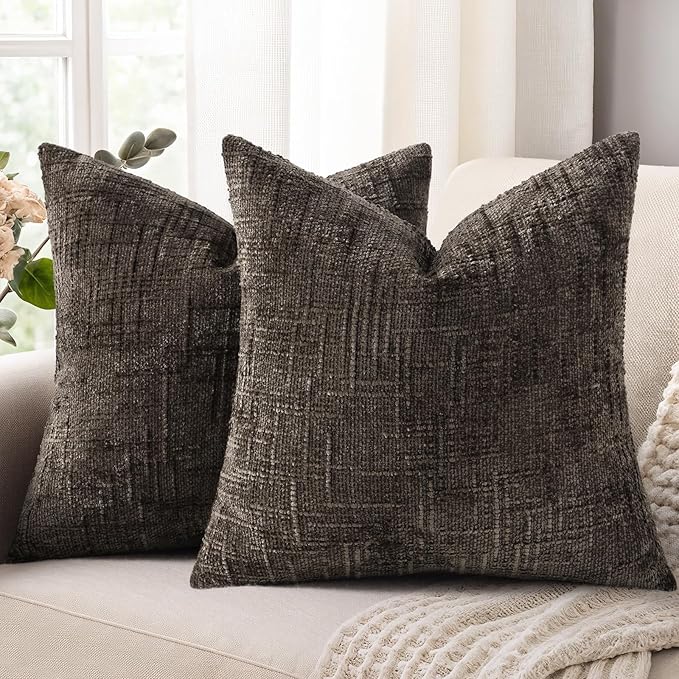 decorUhome Dark Brown Chenille Throw Pillow Covers 18x18 Set of 2 Textured Soft Cozy Slubby Couch Pillow Covers Modern Farmhouse Boho Decorative Pillow Cases for Bed Sofa Living Room