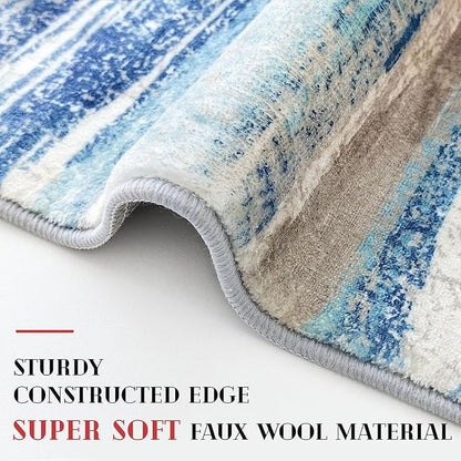 Lansny Modern Abstract Runner Rug 2.6x12, Blue Washable Long Kitchen Runner Non-Slip Soft Hallway Rug Runner Thin Print Faux Wool Carpet for Entryway Bedroom Laundry Room Indoor Home Decor