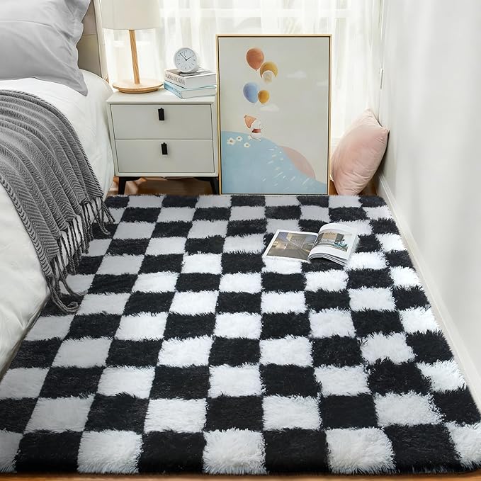Ophanie Checkered Black & White Rug for Living Room Bedroom, Fluffy Soft Cute Fuzzy Area Rugs, Shag Plush Shaggy Bedside Floor 4x6 Furry Carpet for Kids Baby Teen Dorm Nursery Home Decor Aesthetic
