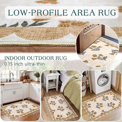 Front Door Mat Outside Entrance - 2x3 Spring Floral Non-Slip Washable Doormat Indoor Outdoor Door Mat Beige Vintage Farmhouse Entry Rug Small Throw Rugs for Entryway Kitchen Front Porch Decor