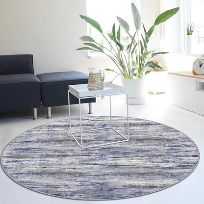 KOZYFLY Modern Abstract Round Washable Rug 5Ft, Non-Slip Soft Kitchen Bathroom Circle Rug, Grey-Blue Striped Entryway Rugs Abstract Faux Wool Doormat for Bedside Entrance Bedroom Sink