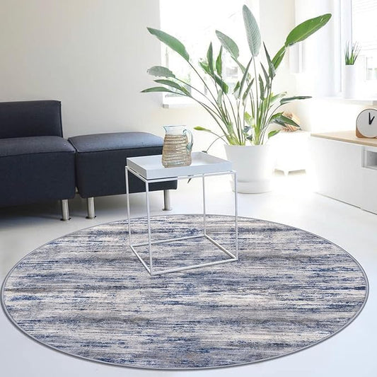 KOZYFLY Modern Abstract Round Washable Rug 5Ft, Non-Slip Soft Kitchen Bathroom Circle Rug, Grey-Blue Striped Entryway Rugs Abstract Faux Wool Doormat for Bedside Entrance Bedroom Sink