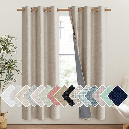 NICETOWN Oatmeal Vintage Open Linen Weave Flax Thermal Curtains, 100% Blackout Curtains 72" Long for Dining Room, Soundproof Window Treatment Drapes for Gym Room, 42" Wide Per Panel, Set of 2