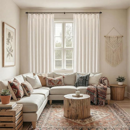 Pinch Pleated Look Light Filtering Curtains 84 Inch Length, 2 Panels Linen Textured Boho Neutral Drapes for Living Room Bedroom Farmhouse Vintage Rustic Window Curtains with Hooks