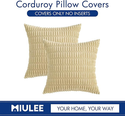 MIULEE Pack of 2 Corduroy Decorative Throw Pillow Covers 16x16 Inch Soft Boho Striped Pillow Covers Modern Farmhouse Home Decor for Sofa Living Room Couch Bed Beige