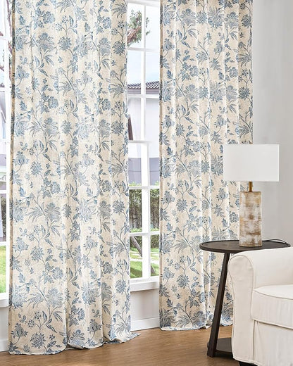 jinchan Lined Linen Floral Curtains for Living Room, 63 Inch Length Printed Flower Farmhouse Patterned French Country Back Tab Blue Window Drapes Set Privacy Bedroom Curtains, 2 Panels