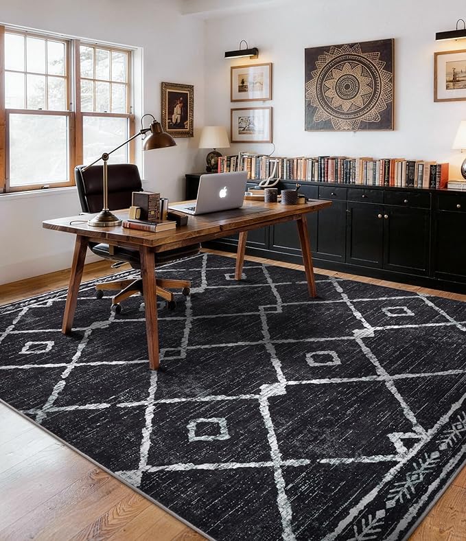 YIHOUSE Moroccan Area Rugs for Living Room 5x7, Black and White Aztec Rug, Western Geometric Soft Low-Pile Washable Rugs for Bedroom, Dining Room