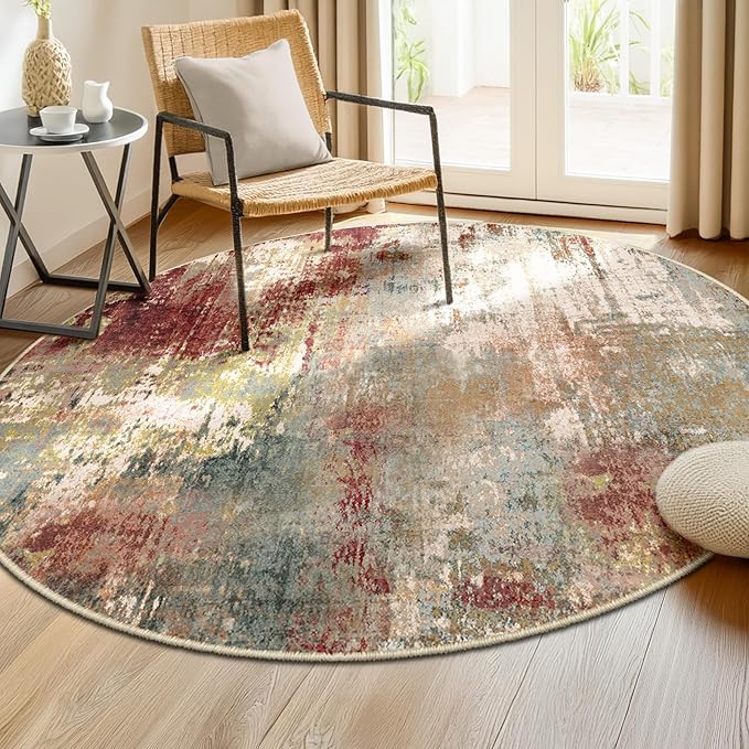 Washable Area Rugs 8ft Non-Slip Modern Abstract Soft for Living Room Entryway Bedroom Nursery, Print Pattern, Brown Rust Red Green Blue Multi