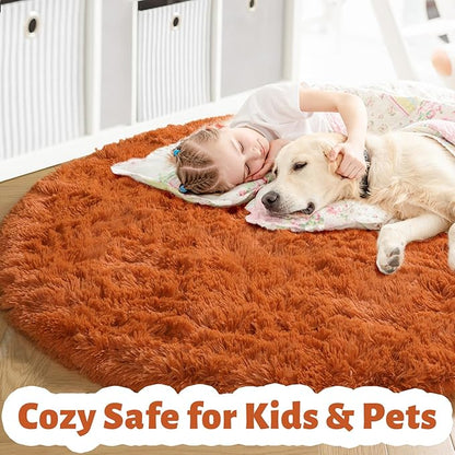 Amdrebio Burnt Orange Round Area Rug 5Ft for Bedroom Living Room, Fluffy Fuzzy Shaggy Furry Circle Rugs for Kids Room Decor Aesthetic, Cute Plush Shag Dark Orange Carpet for Nursery Dorm Classroom