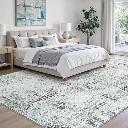 Rugflix 9x12 Washable Area Rugs, Neutral Boho Carpet Living Room Rug Non Slip Stain Resistant, Large Area Rug for Indoor Bedroom Dining Room Office, Blue/Grey