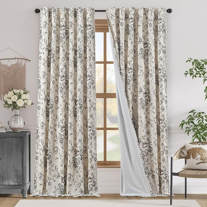 jinchan Lined Linen Blend Curtain Floral Curtains for Living Room 96 Inches Long Black Peony Flower Printed Curtain Back Tab Farmhouse Patterned Drapes Bedroom Window Curtains Set 2 Panels