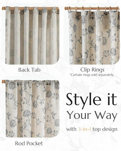 jinchan Linen Curtains Floral Curtain 84 Inch Length for Living Room Bedroom Light Filtering Rod Pocket Back Tab Jacobean Curtains Flax Linen Texture Window Drapes Set 2 Panels Black on Linen