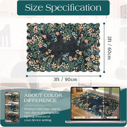 Front Door Mat Outside Entrance - 2x3 Black Floral Non-Slip Washable Doormat Indoor Outdoor Mat Boho Vintage Entry Rug Small Throw Rugs for Entryway Kitchen Front Porch Decor