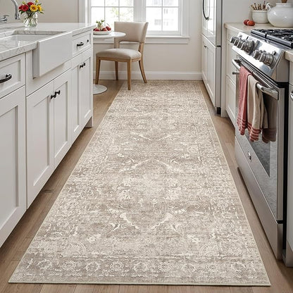 Hallway 3x10 Runner Rug - Vintage Non-Slip Long Rug for Entryway Low-Pile Washable Medallion Runner Rugs Waterproof Traditional Runner Rug Indoor Thin Rug for Kitchen (Distressed Beige & Ivory)